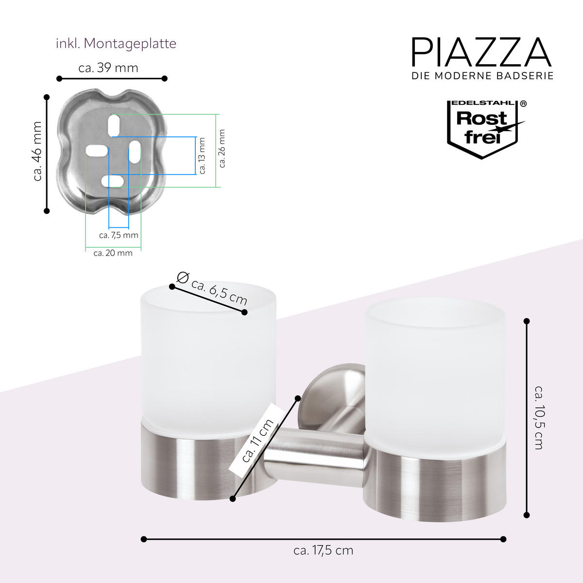 DOPPEL-GLASBECHERHALTER PIAZZA, Edelstahl, matt - Edelstahlfarben, Metall (17.5/10.5/11cm) - bremermann