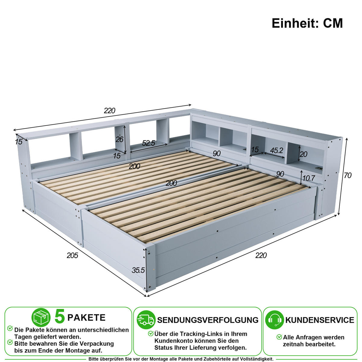 POSTELOVÁ SESTAVA 90/200 cm & 90/200 cm v šedé barvě s LED a úložným prostorem - šedá, dřevo/kompozitní dřevo (180/200cm) - CHICFURN