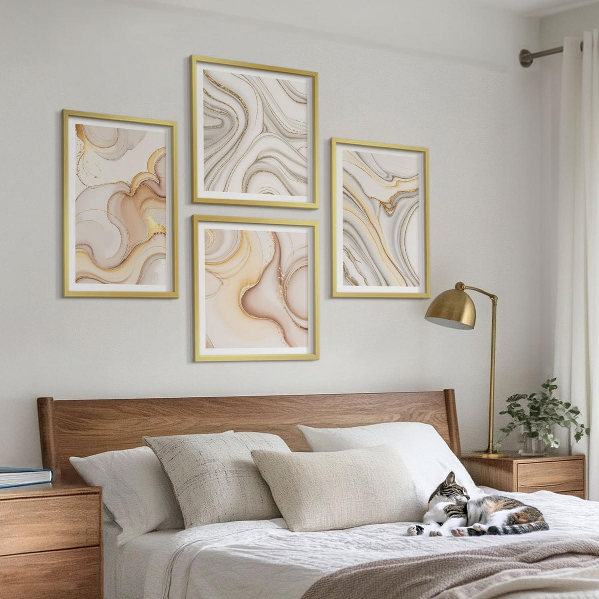 BILDER SET 4er Set - 50x50 cm & 40x60 cm Goldrahmen - Lineare abstrakte Motive - Goldfarben, Kunststoff (50/50cm) - TULUP