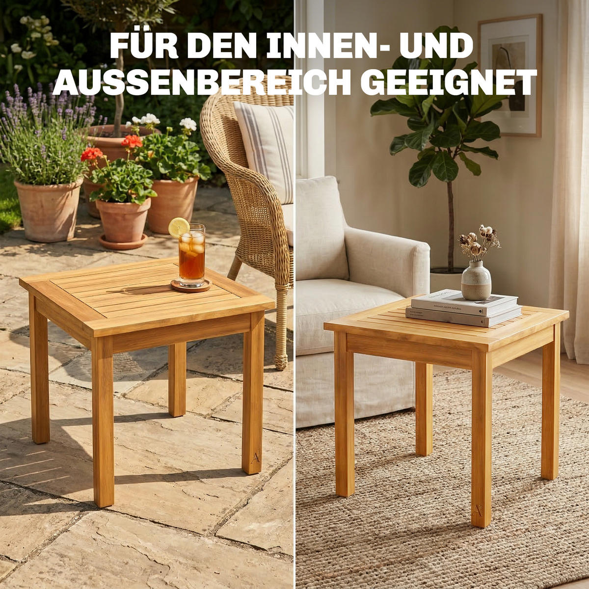 BEISTELLTISCH DE-07336 quadratisch mit Lamellendesign und verstellbaren Füßen Natur - Naturfarben, Holz (48/48/46cm) - ComfortXL