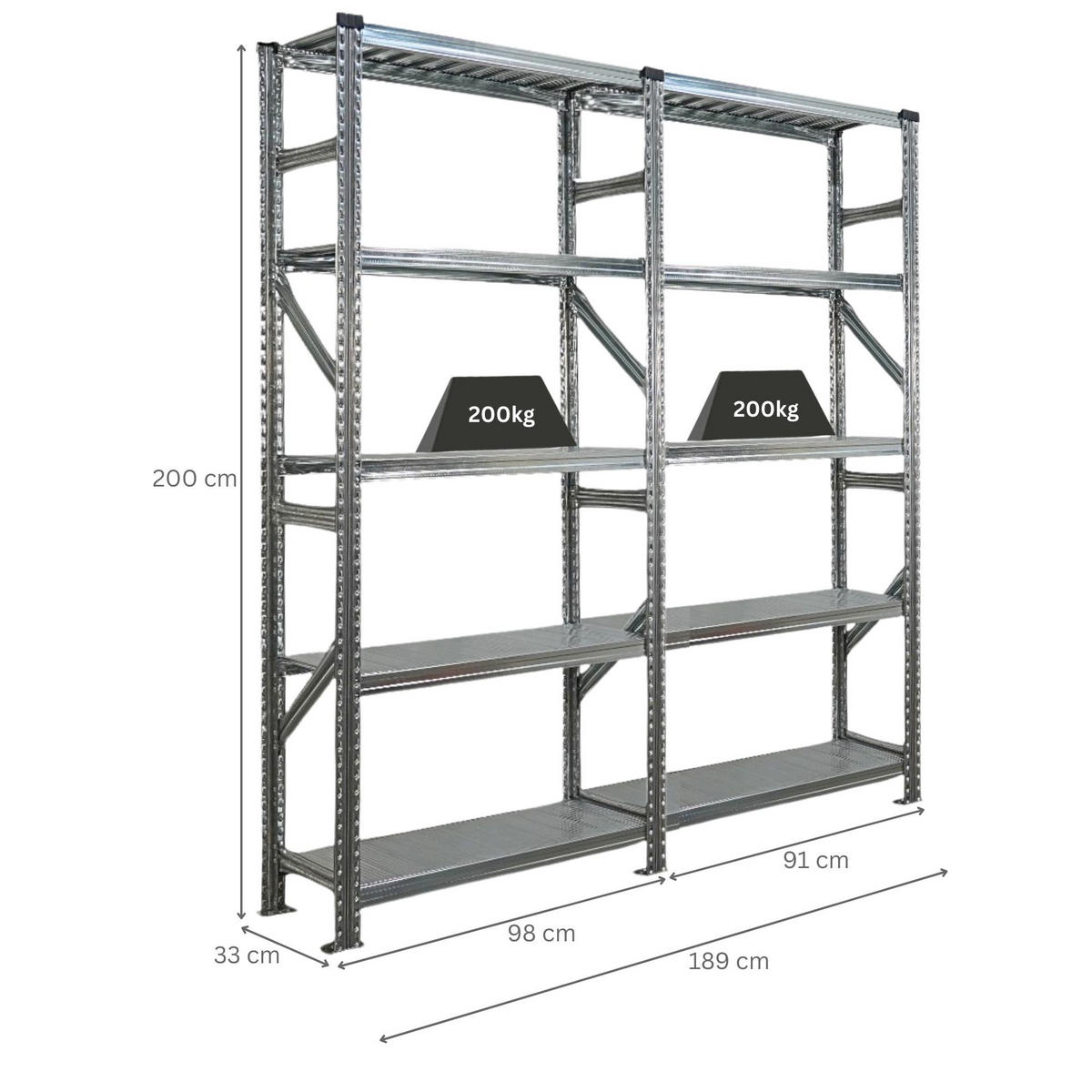 FACHBODENREGAL Proximo Stecksystem 200x180x32cm 5 Ebenen Fachlast 200 kg Beidseitig nutzbar Verzinkt - Silberfarben, Metall (180/200/32cm) - PROREGAL