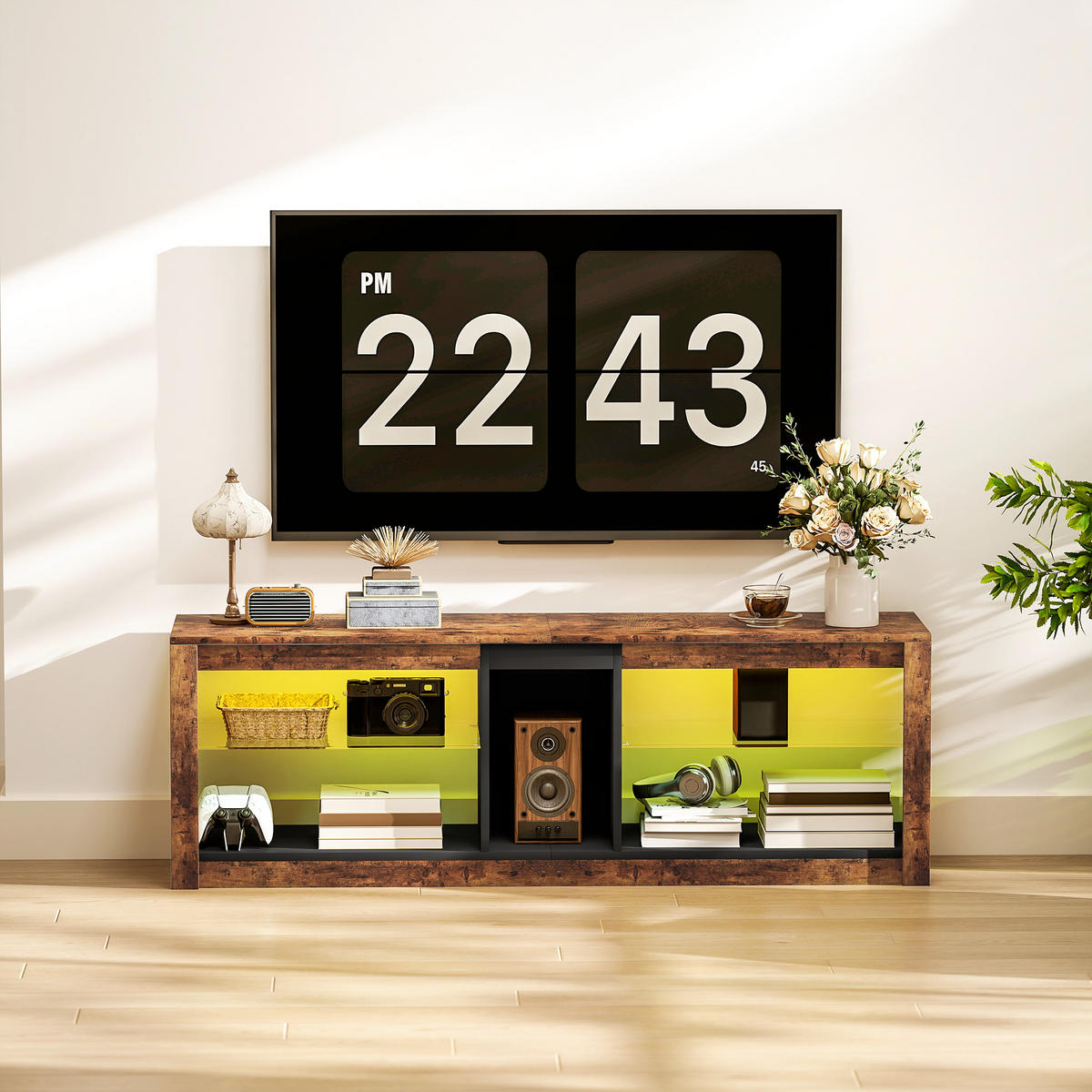 TV-LOWBOARD Braun 140/35/47 cm, LED-Beleuchtung, Glasböden - Braun, Holzwerkstoff (140/47/35cm) - PANGIVO