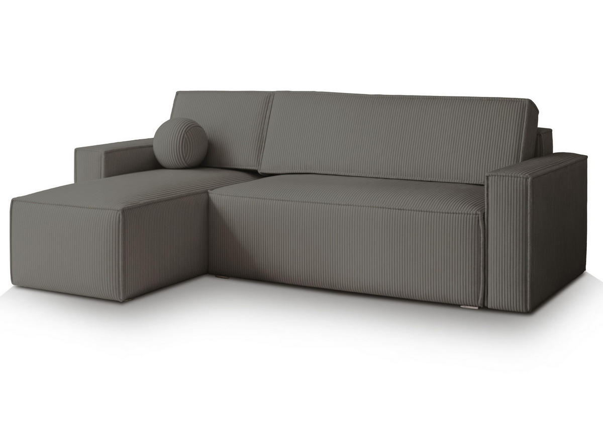 ECKSOFA RAVELO P Grau Kordstoff mit Schlaffunktion - Grau, Holz (240/140cm) - MASSENO