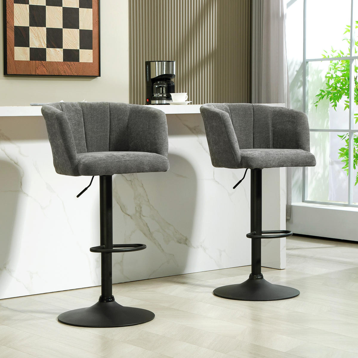 2ER-SET Barhocker, Bistrohocker mit Fußstütze, Drehbar Barstuhl Höhenverstellbar - Dunkelgrau/Schwarz, Kunststoff/Textil (53/110/59cm) - HOMCOM