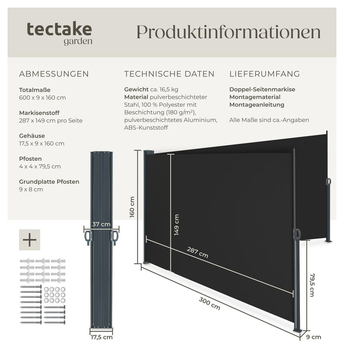 DOPPEL-SEITENMARKISE , ausziehbar, mit Aufrollmechanismus, schwarz - Schwarz, Textil (600/160/9cm) - tectake
