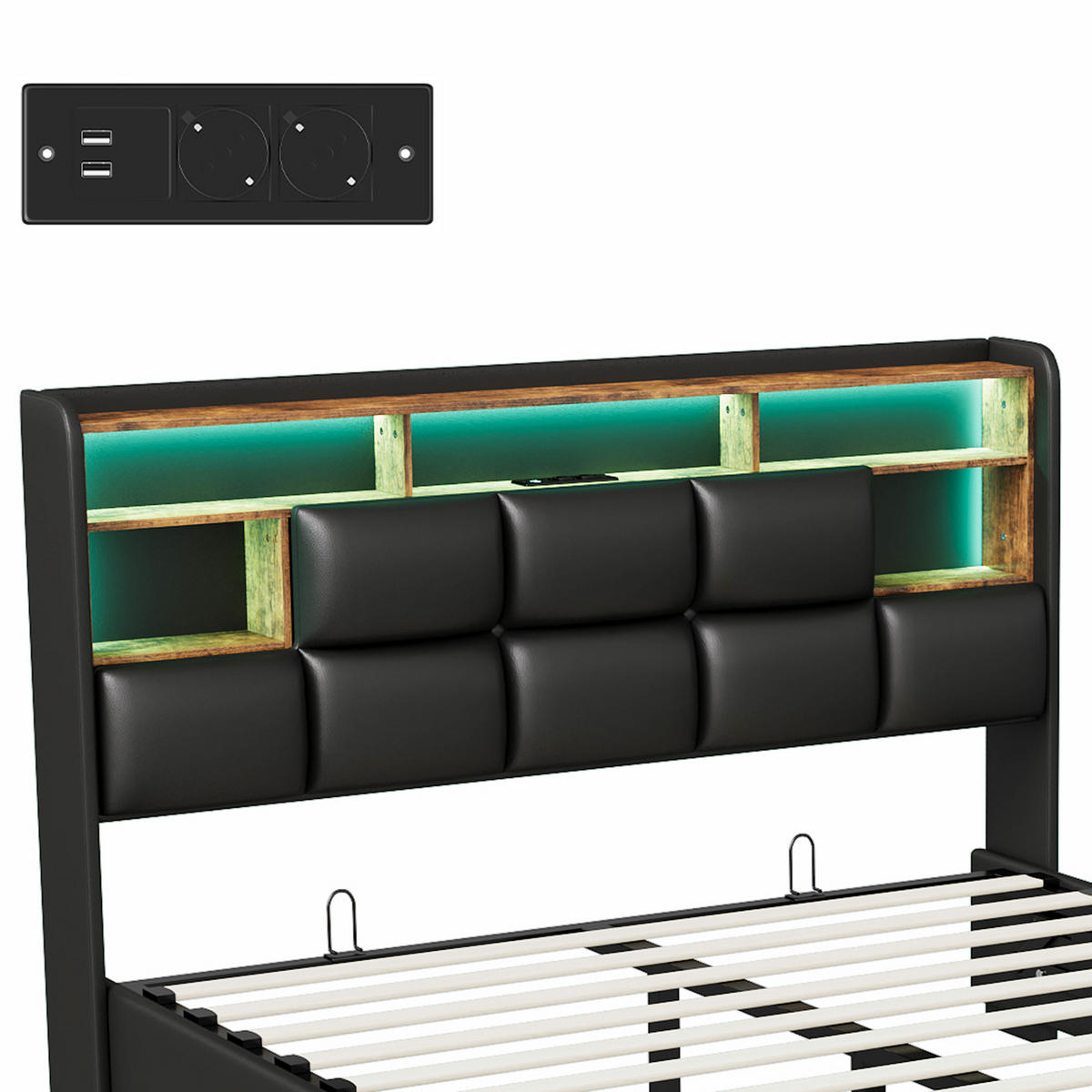 POLSTERBETT Industrial 140/200 cm mit Bettkasten & Dual-LED Kunstleder Schwarz - Schwarz, Textil (140/200cm) - Creahappy
