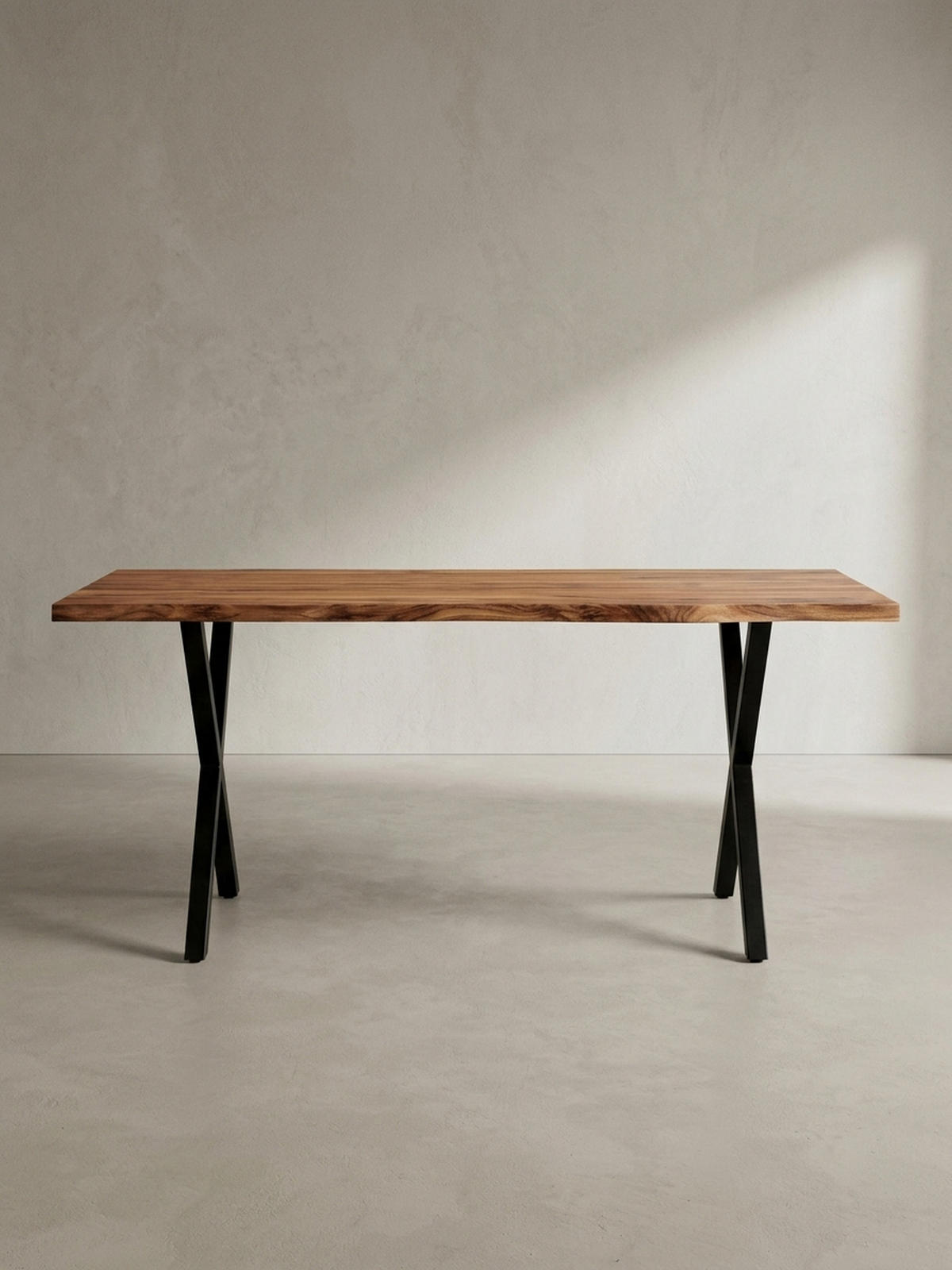 SCHREIBTISCH Massivholz X-Gestell Baumkante Handgefertigt KRETA, Goldbraun-Schwarz 140x80x76 cm - Schwarz/Braun, Holz/Metall (80/140/76cm) - KADIMA DESIGN