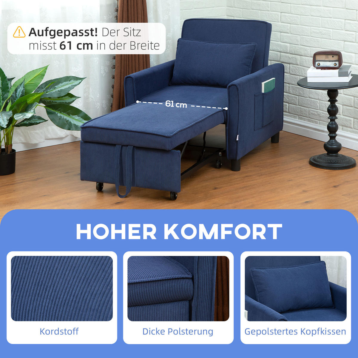 3-IN-1 Schlafsessel, Klappbett mit Bettfunktion, Lendenkissen für Wohnzimmer - Blau, Kunststoff (74/81/84cm) - HOMCOM