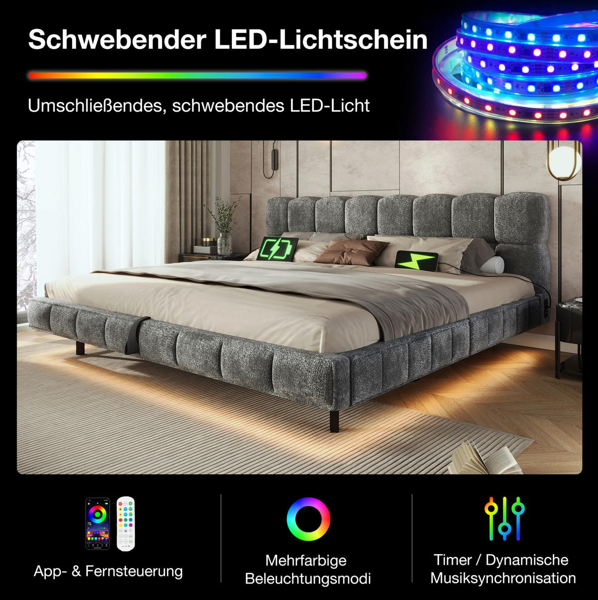 POLSTERBETT aus Chenille 140x200 cm Grau mit hydraulischem Bettkasten, LED und USB-C-Anschluss - Grau, Textil (140/200cm) - Modfu