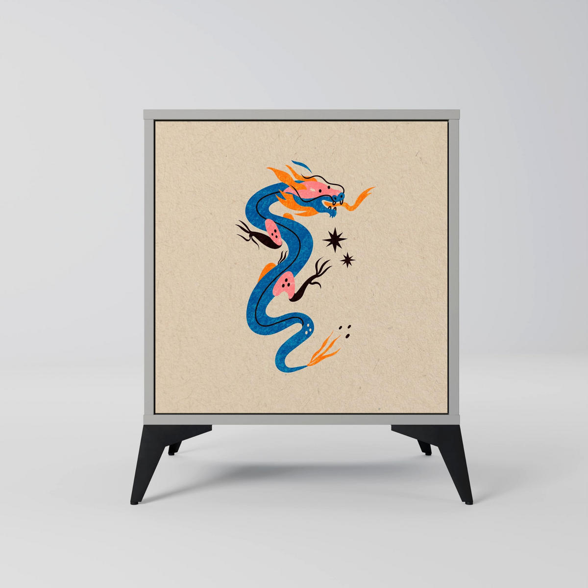 SIDEBOARD MYTHOLOGICAL CREATURES, Grau, 57,5x42x67,5 cm, Schwarze Metall-Rahmenfüße - Multicolor/Schwarz, Holzwerkstoff/Metall (57.5/67.5/42cm) - SpaceRebels