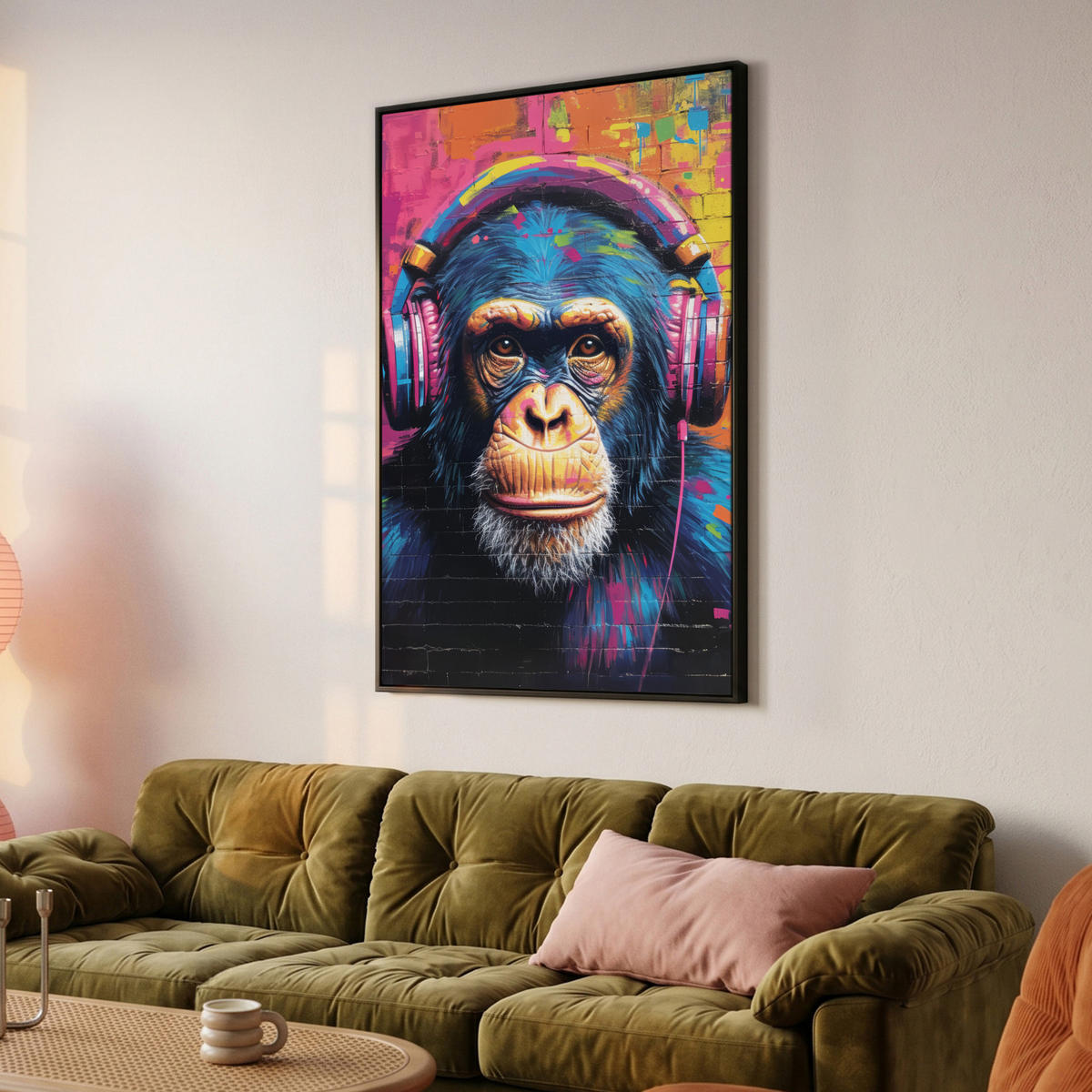 LEINWAND Bilder mit Rahmen - Graffiti - Schimpanse - Straßenkunst - Kopfhörer - Affe - 100x150 - Blau, Textil (100/150cm) - MuchoWow