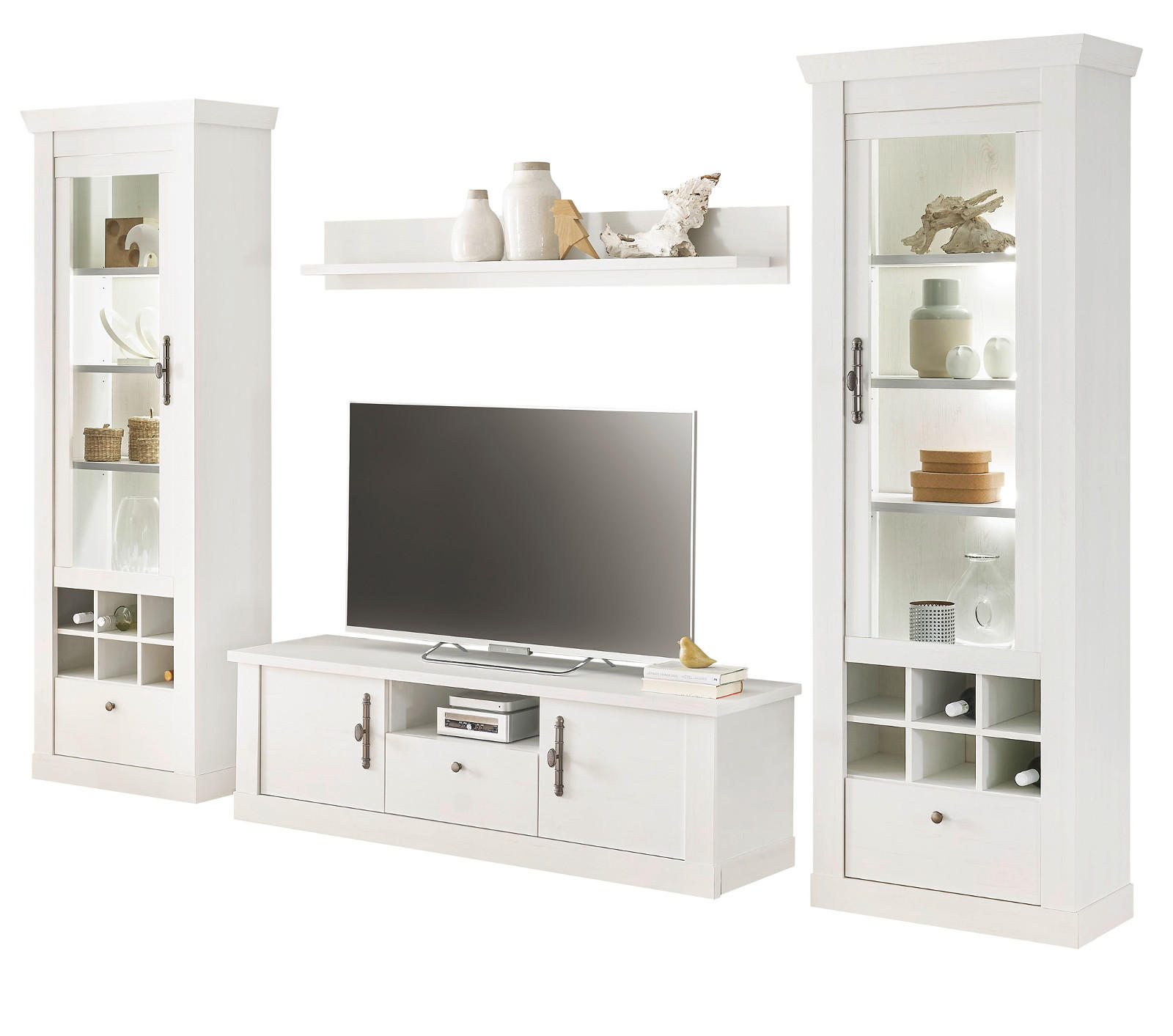 WOHNWAND weiß Pinie Landhaus, Set 4-teilig mit Soft-Close und Beleuchtung - Weiß, Holzwerkstoff/Kunststoff (322/201/45cm) - Furn.Design