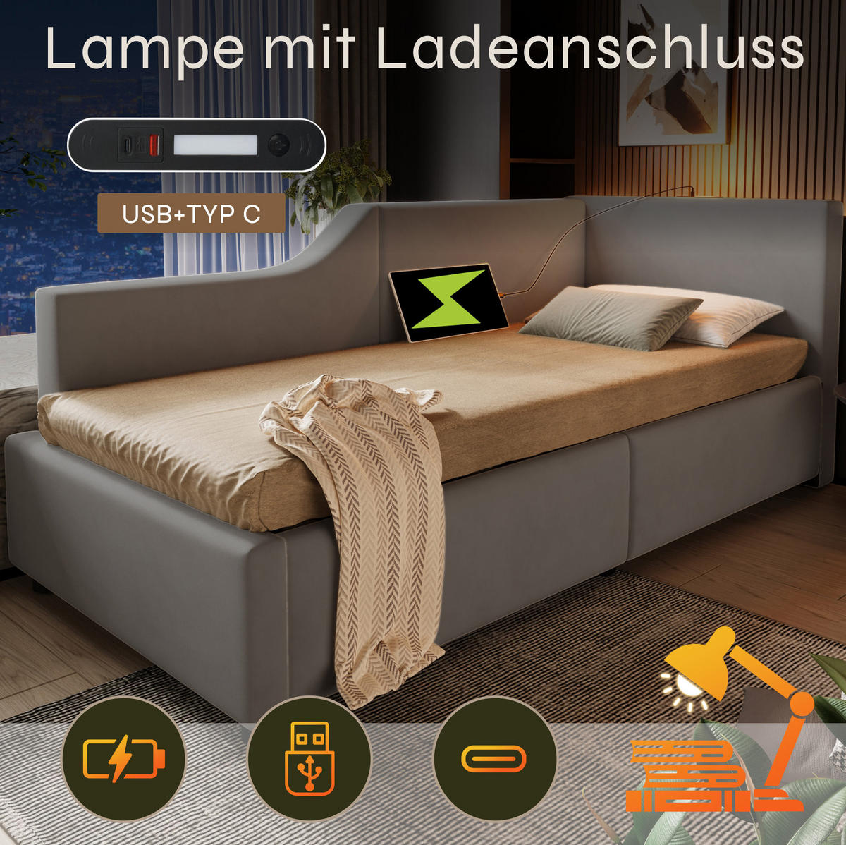 POLSTERBETT aus Samt 90x200 cm in Grau mit Stauraum, USB-C & Leselampe - Grau, Textil (90/200cm) - Modfu