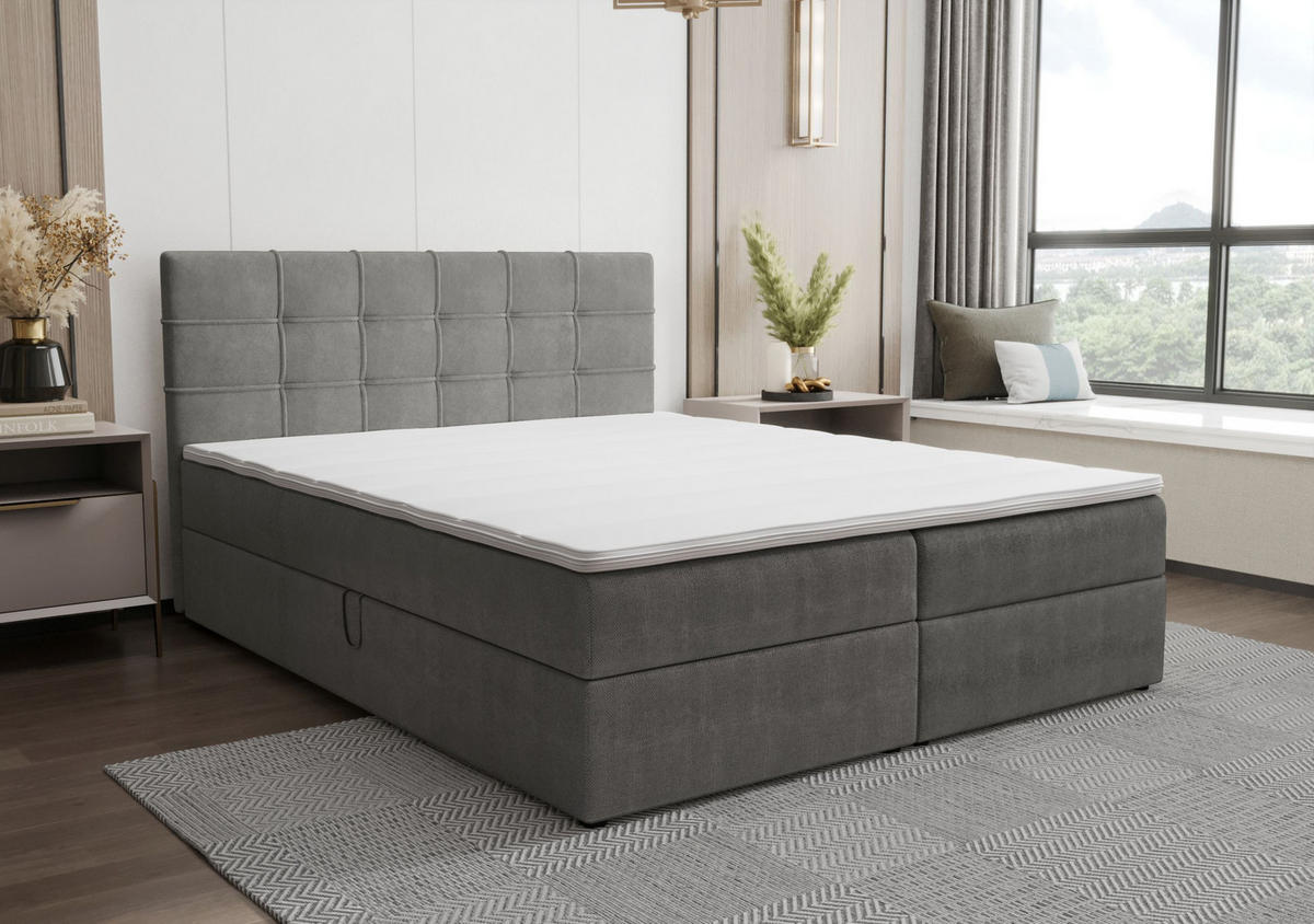 BOXBETT KIDA mit Matratze H3, Bonell und Topper 200x200 Curio 93 - Dunkelgrau, Textil (200/200cm) - Bedante