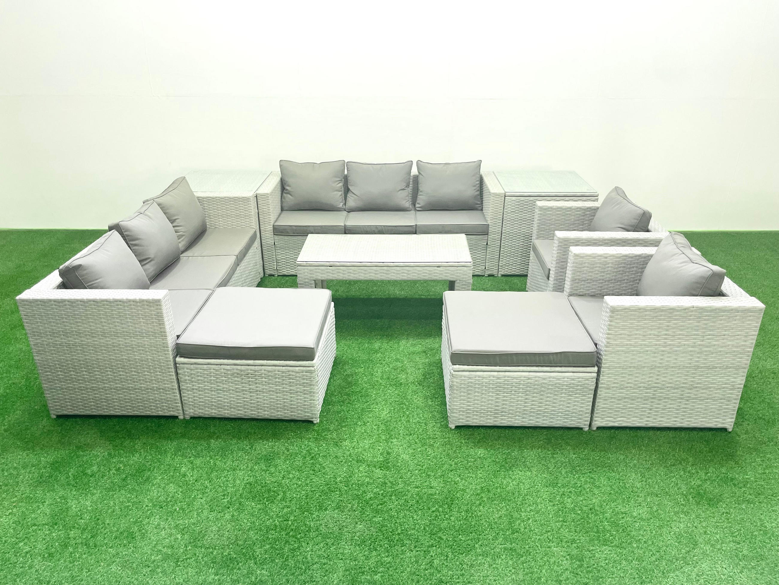GARTENSOFA hohe Rückenlehne Polyrattan Hellgrau-Mix 10-Sitzer - Hellgrau/Grau, Glas/Kunststoff - Fimous