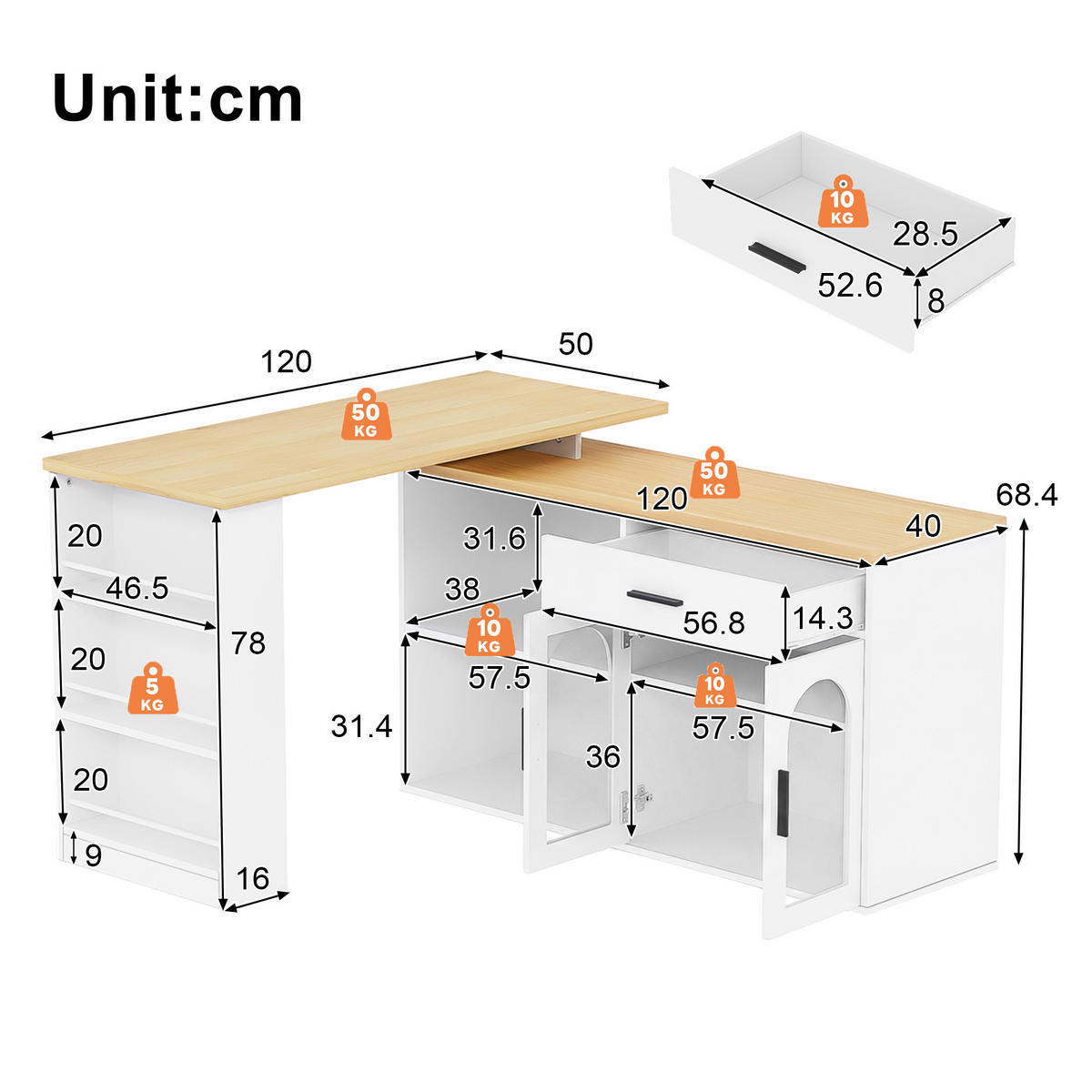 KÜCHENINSEL DE-41415 136/50/78 cm, 360° Drehtisch und Stauraum Weiß - Weiß, Holzwerkstoff (136/78/50cm) - ComfortXL