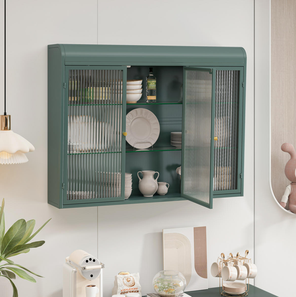 KÜCHENOBERSCHRANK mit Glasfront in Dunkelgrün – 3 Türen, wandhängend - Grün, Glas (90/70/20cm) - BEAOK