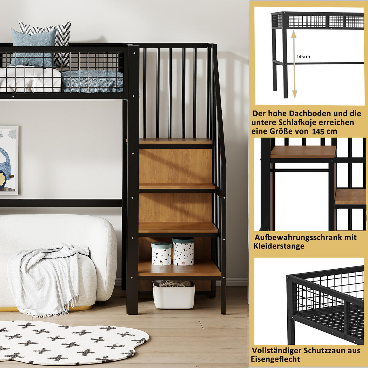 HOCHBETT 90x200 cm Schrank schwarz - Schwarz, Metall (90/200cm) - LEBENLANG