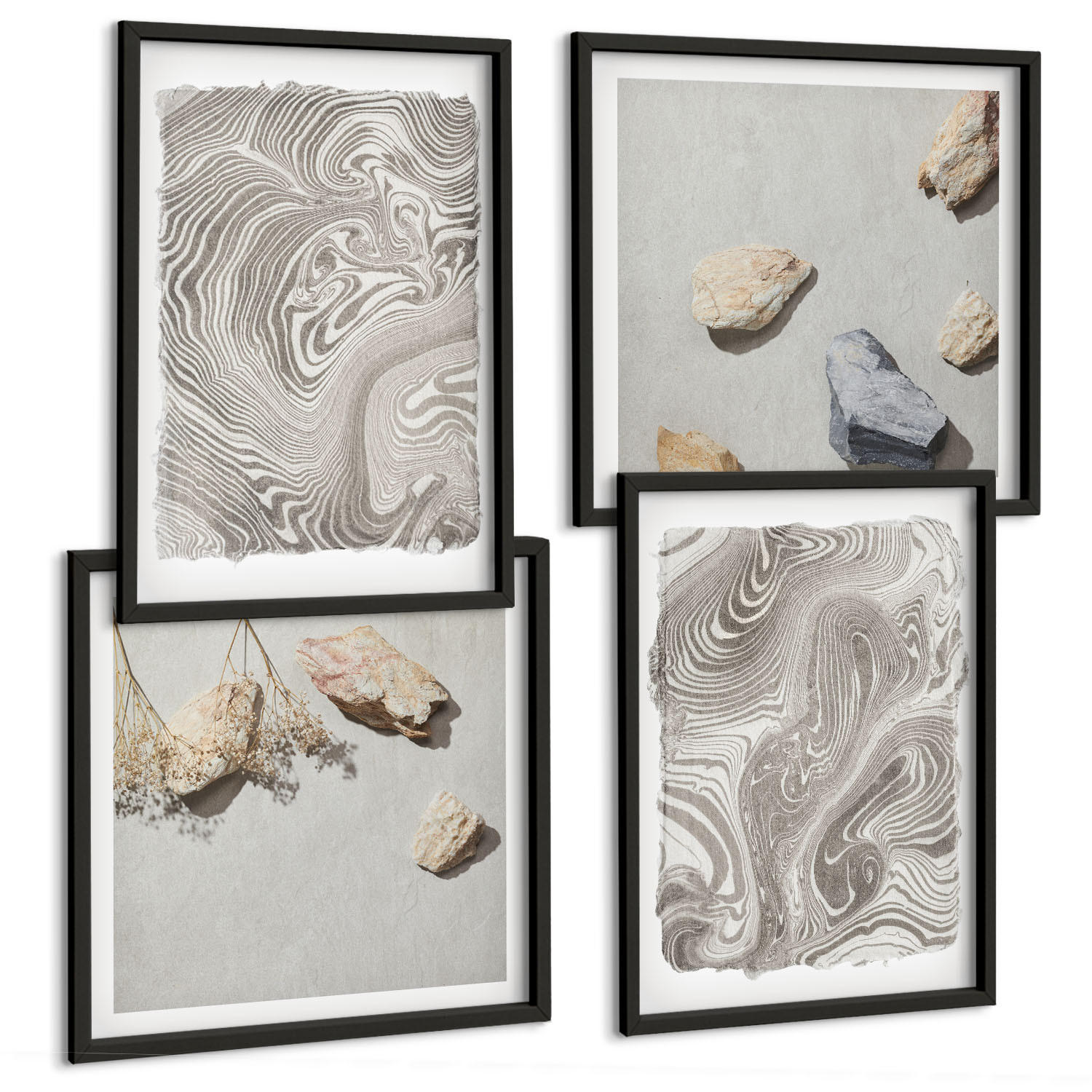 BILDER SET 4er Set - 50x50 cm & 40x60 cm Schwarzer Rahmen - Moderne abstrakte Formen - Schwarz, Kunststoff (50/50cm) - TULUP