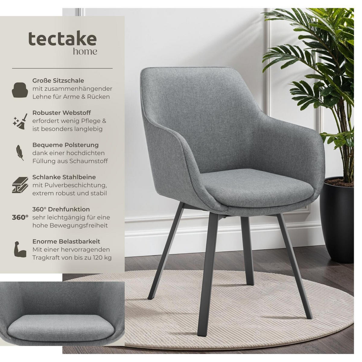 ARMLEHNSTUHL 2er Set drehbar Alicon 0,57 x 59 x 88 cm, anthrazit - Anthrazit, Textil (57/88/59cm) - tectake