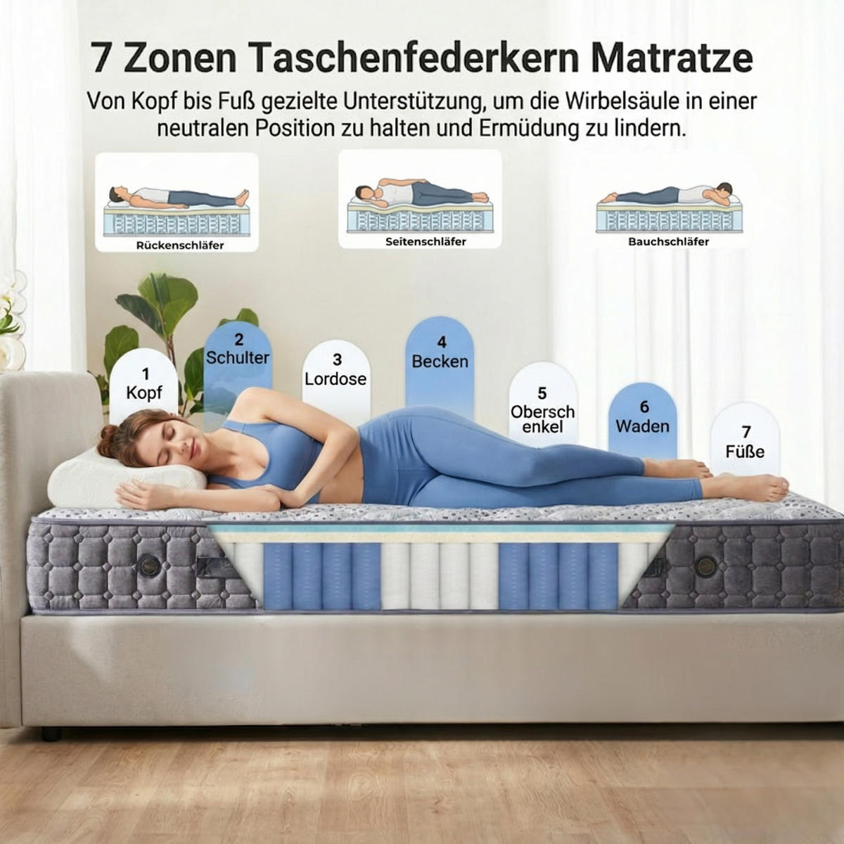 TASCHENFEDERKERNMATRATZE Bambi Sleepure Matratze 140x200 cm, Höhe ca.: 31 cm, H2 + H3 = mittel + fest, 7-Zonen - Grau, Textil (140/200cm) - Bambi