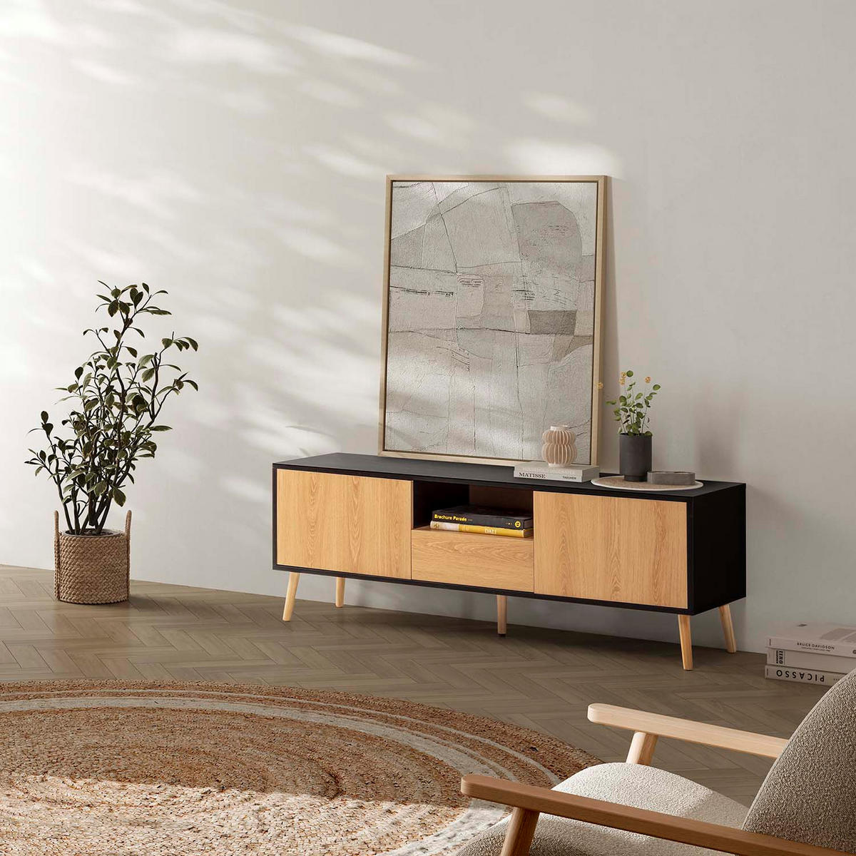 TV-ELEMENT Apolo 2 Schubladen, Schwarz/Holzfarbe - Schwarz, Holzwerkstoff (136/49/40cm) - VS Venta-stock