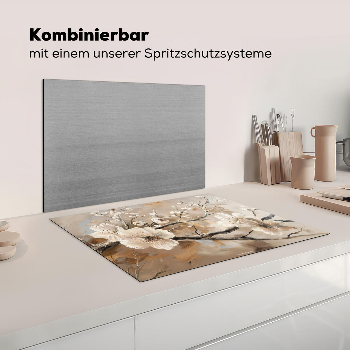 KRYT NA INDUKČNÍ DESKU Květiny - abstraktní - malované - béžové 71x52 cm - béžová, plast (71/52/0.2cm) - MuchoWow
