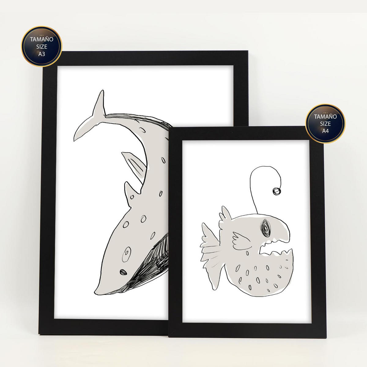 POSTER Set Mit 6 Sea Varmint In Tiere Abstracts Ästhetische Dekorative Gemälde Für Ihr Wohnzimmer, Schlafzimmer, Zuhause A3 & A4 Schwarzer Rahmen - Schwarz, Papier (29/3cm) - Nacnic