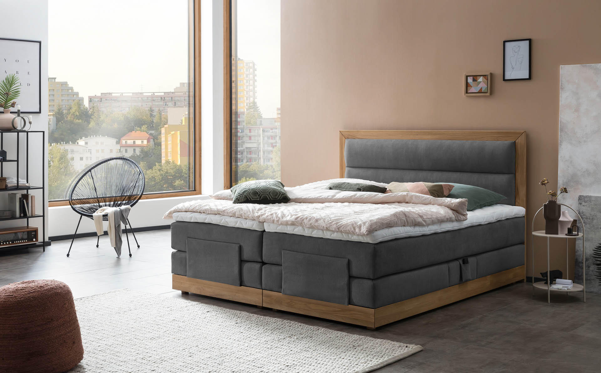 BOXSPRINGBETT ELEKTRISCH VERSTELLBAR MODELA 180x200 Anthrazit H2 und H3 Motorbett in Eiche mit 7-Zonen Taschenfederkern Matratze inkl. Visco Topper - Anthrazit, Textil (180/200cm) - Belanoti