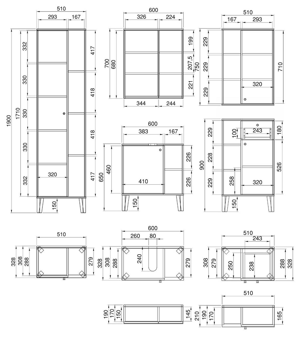 BADMÖBEL-SET 5-teilig weiß, Evoke Eiche, Badkombination 182 x 190 cm - Eichefarben/Schwarz, Glas/Holzwerkstoff (182/190/33cm) - Furn.Design