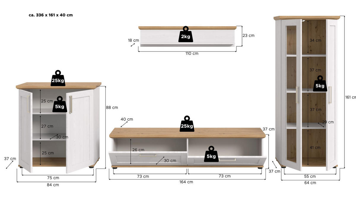 WOHNWAND Siena 4 tlg. (B/H/T: ca. 336/161/40 cm) in Sibiu Lärche /Sibiu Lärche - Lärchefarben, Holzwerkstoff (336/161/40cm) - Homes & Jones