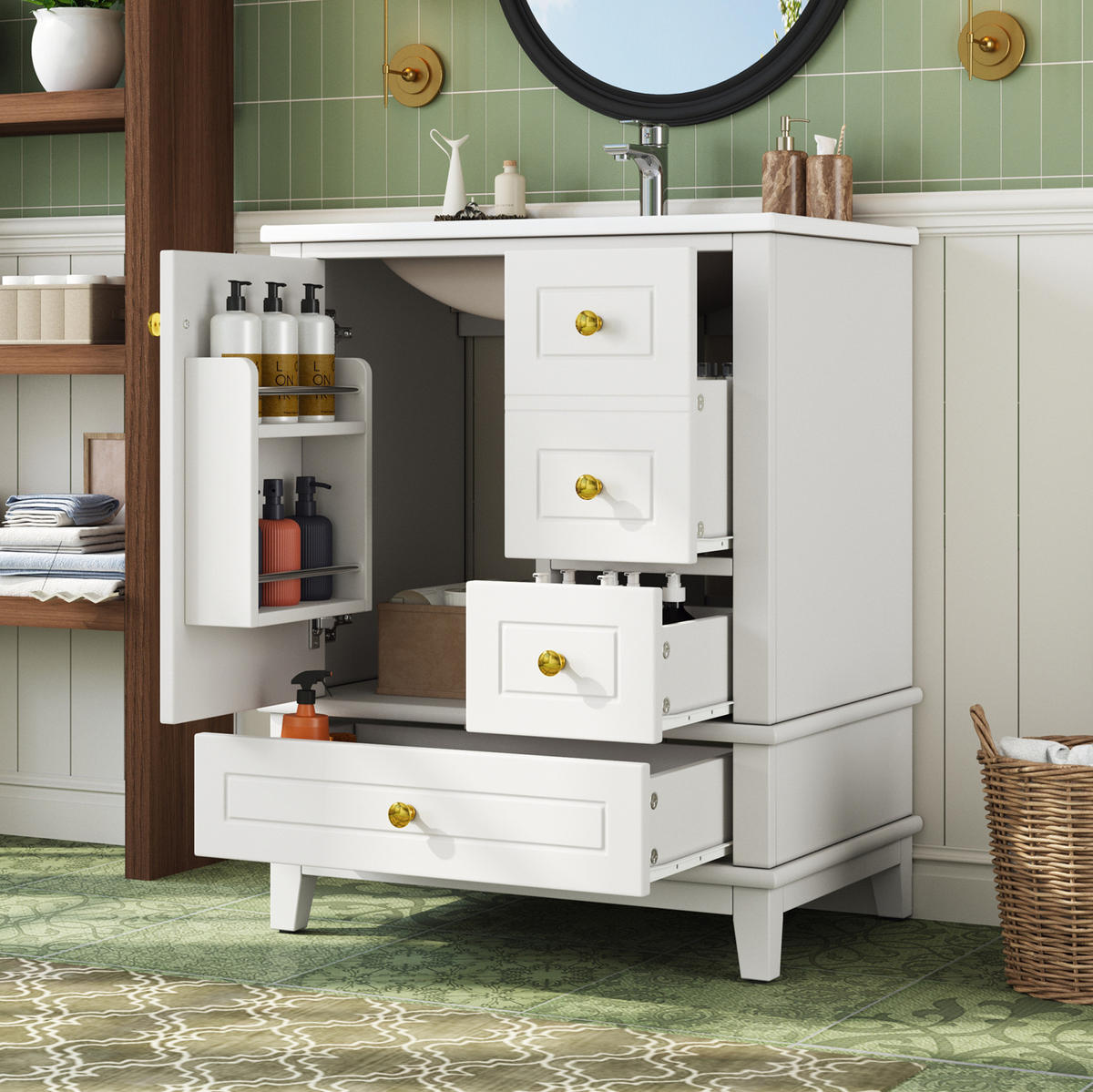 WASCHTISCHUNTERSCHRANK aus MDF und Keramik 61x47x86 cm Weiß mit 3 Schubladen, Soft-Close und Stauraum - Weiß, Keramik (61/86/47cm) - Modfu