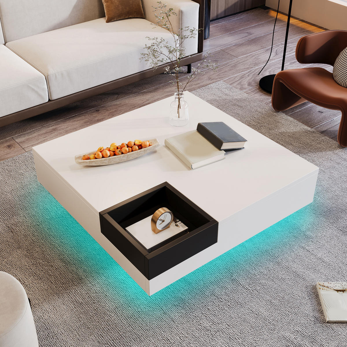 COUCHTISCH Weiß Schwarz LED-Beleuchtung 72/72/30 cm - Weiß, Holzwerkstoff (72/72/30cm) - PANGIVO