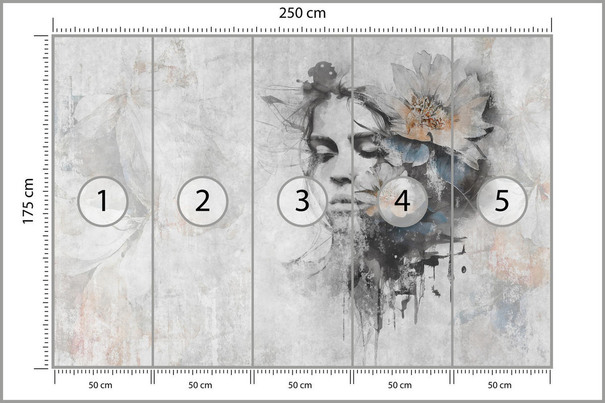 FOTOTAPETE für Wohnzimmer Gesicht Frau Grau Betonwand Blumen 250x175 - Grau, Papier (250/175cm) - Muralo