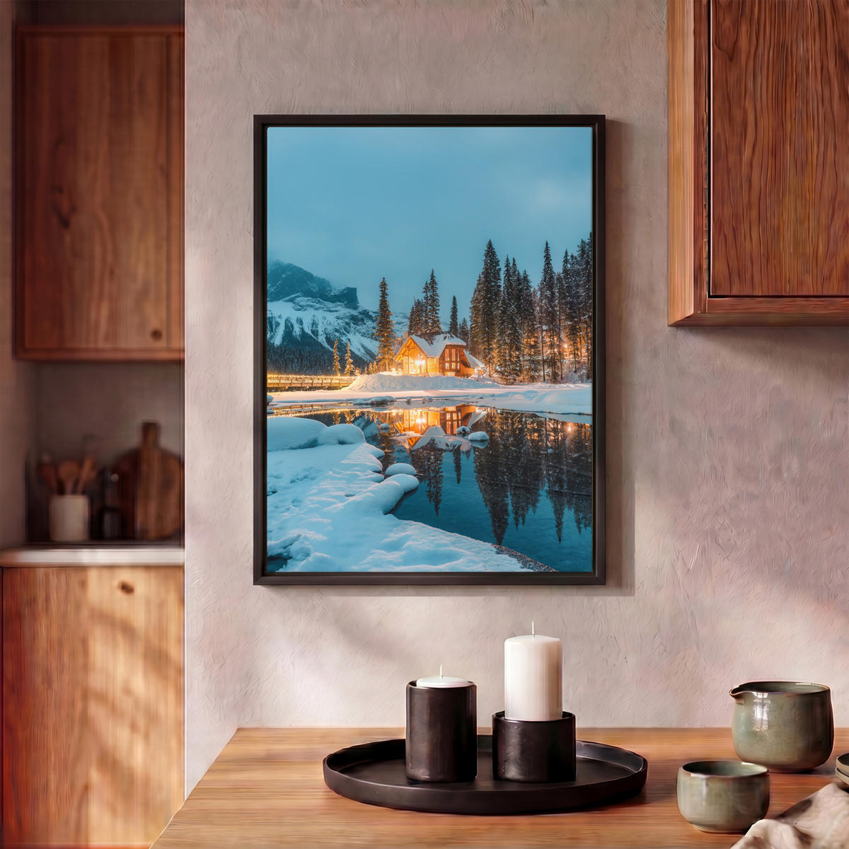 LEINWAND Bilder mit Rahmen - Winterlandschaft - Natur - Haus - Berge - Schnee - 30x40 - Hellblau, Textil (30/40cm) - MuchoWow
