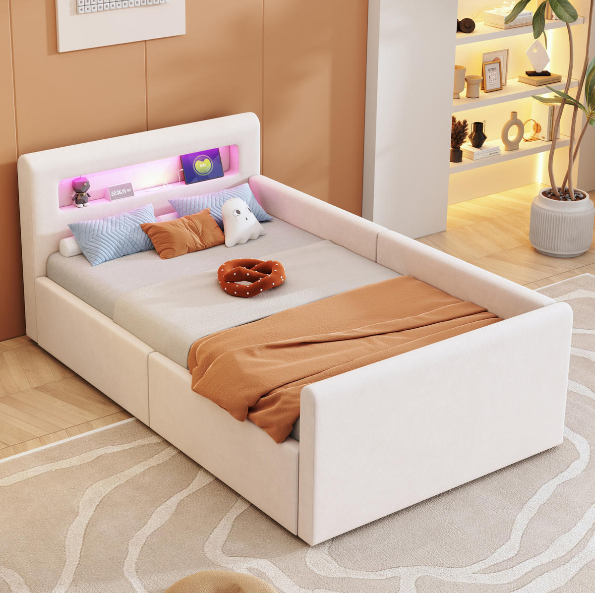KINDERBETT 90/200 cm aus Samtstoff mit LED-Kopfteil und hydraulischem Stauraum Beige - Beige, Textil (90/200cm) - Modenvie