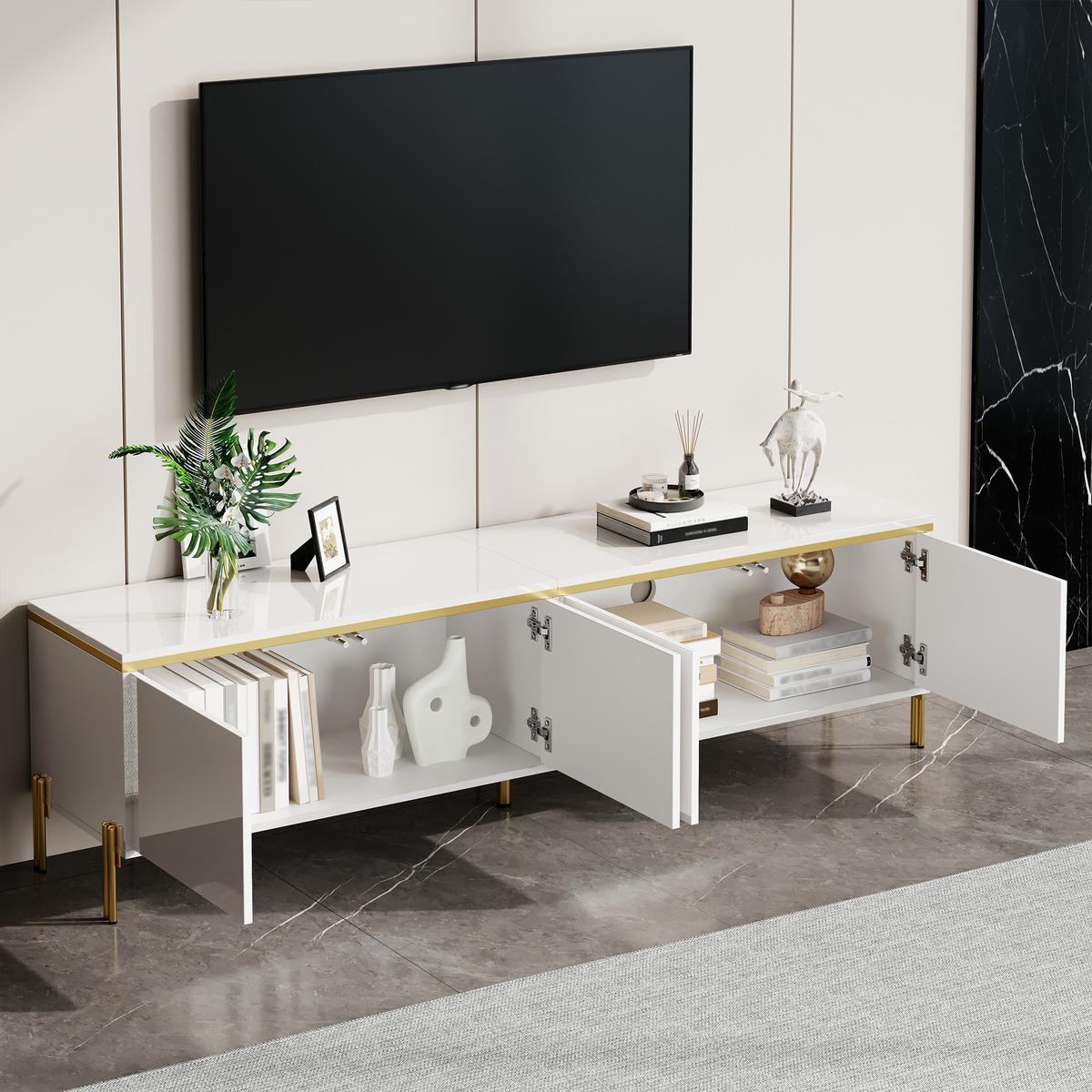 TV-SCHRANK 170/38/50 cm Weiß Hochglanz mit 4 Türen und Kabelmanagement - Weiß, Holzwerkstoff/Metall (170/50/38cm) - Oxeza