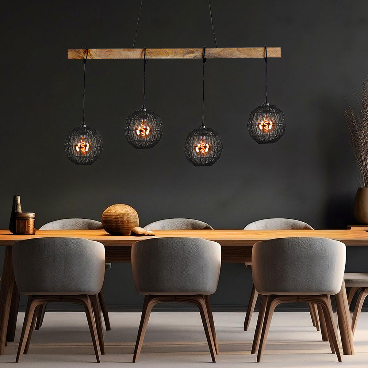 HÄNGELEUCHTE Metall Braun Holz 4-flammig - Braun, Holz (100/20/140cm) - Globo Lighting