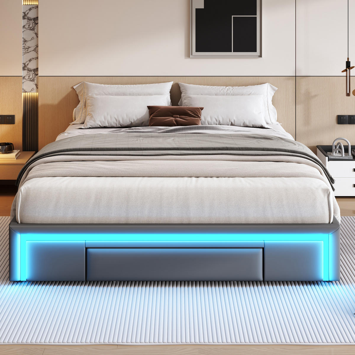 BETTGESTELL 160/200 cm grau mit Schubladen und LED-Lichtleiste - Grau, Kunststoff (160/200cm) - OKWISH