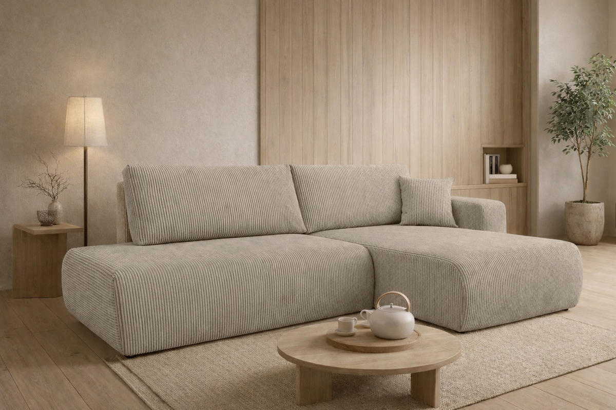 ECKSOFA Mit Schlaffunktion Und Bettkasten, Cordstoff Poso, Dunkelbeige, Rechts, OPEN XL - Beige, Holz (262/145cm) - Kaiser Möbel