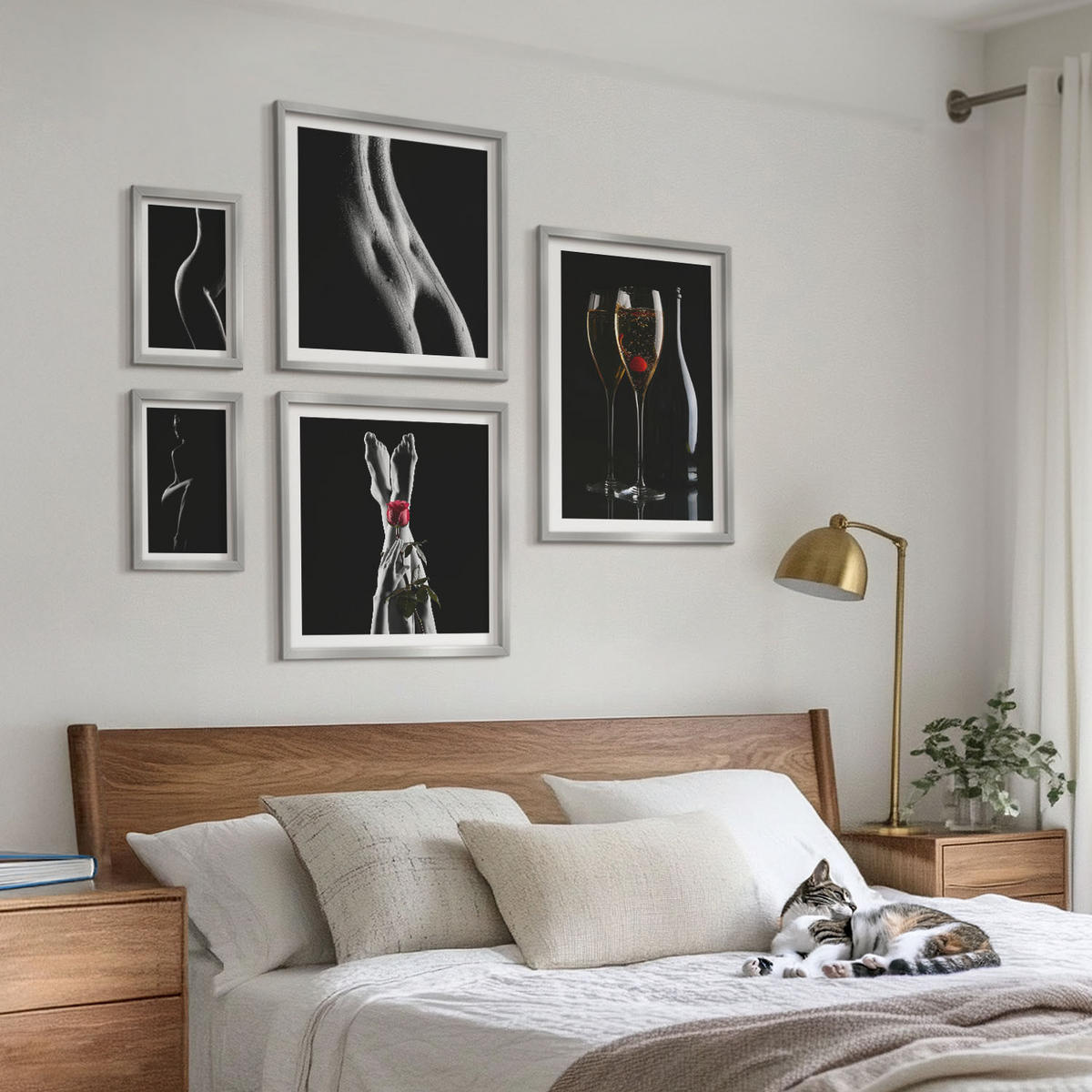 BILDER SET 5er Set - 50x50 cm & 20x30 cm & 40x60 cm Silberner Rahmen - Schwarze und weiße weibliche Formen - Silberfarben, Kunststoff (40/60cm) - TULUP