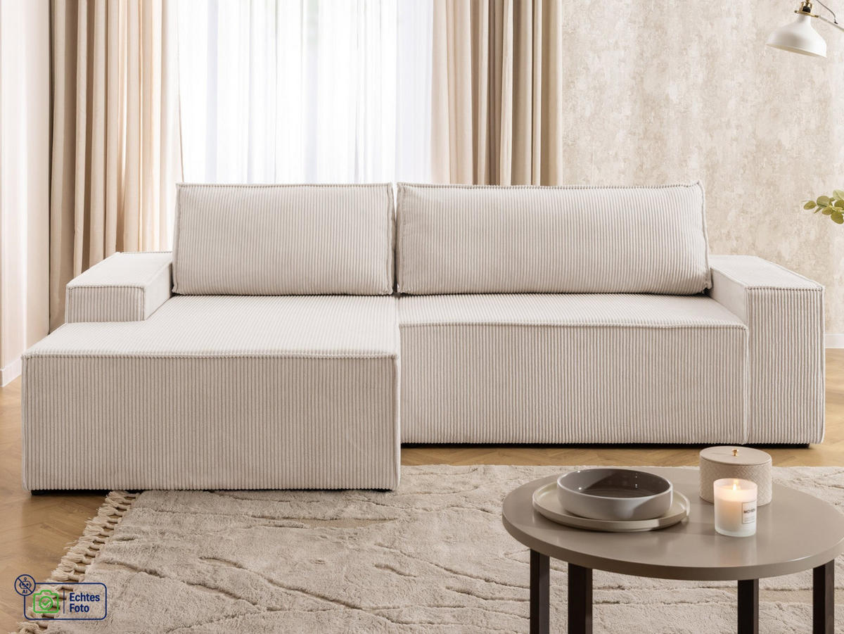 ECKSOFA Rivio mit Schlaffunktion und Bettkasten, Cordstoff Beige - Beige/Schwarz, Holz/Kunststoff (149/262cm) - S-Style