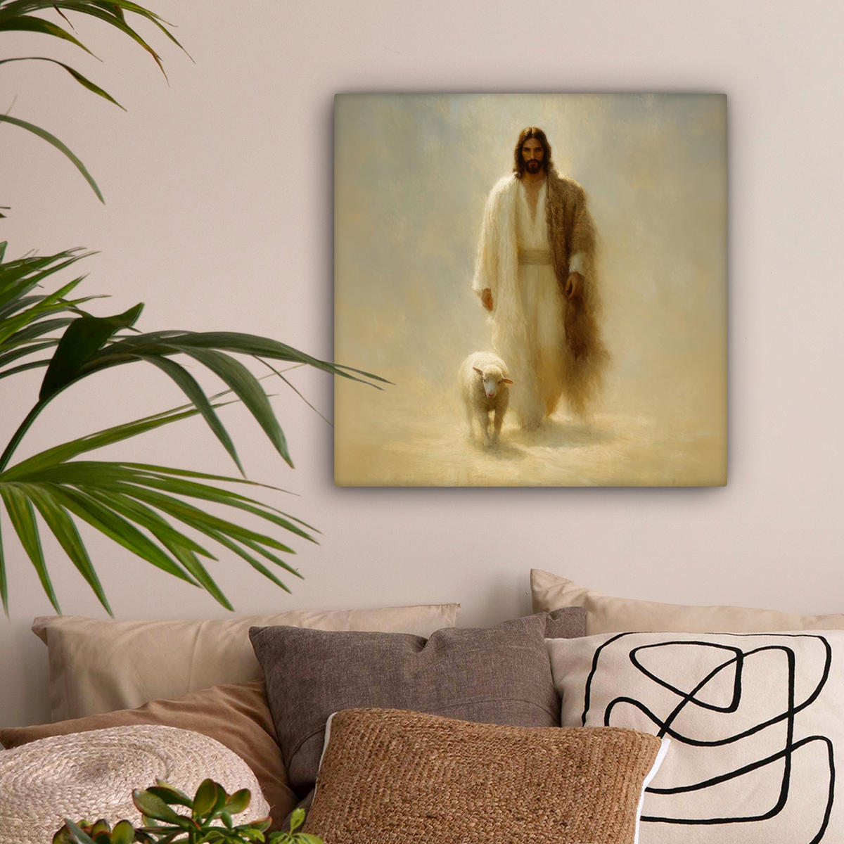 LEINWANDBILD Schaf - Jesus - Pinselstriche - Abstrakt Wandbild Wohnzimmer 50x50 cm - Sandfarben, Textil (50/50cm) - MuchoWow