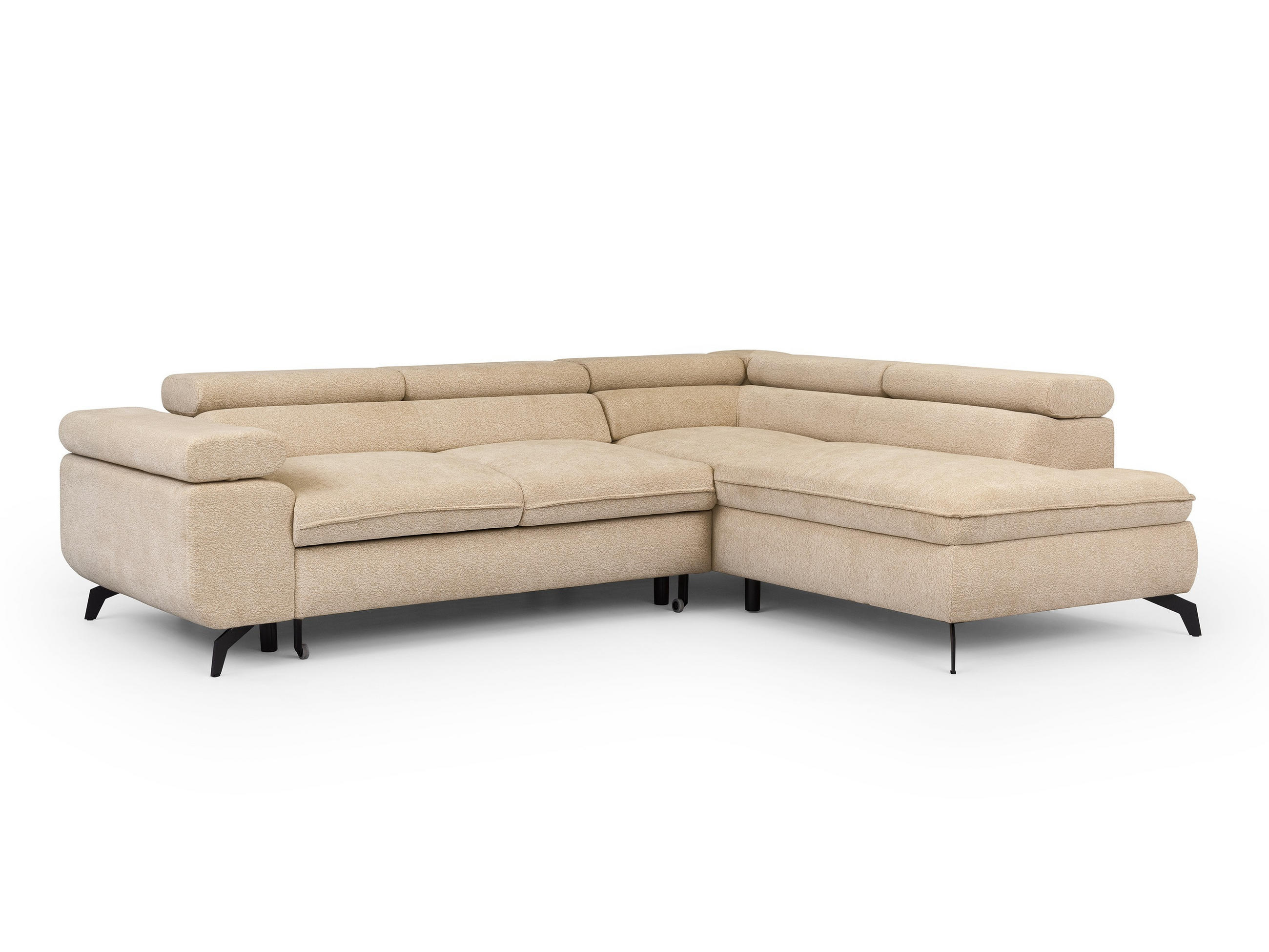 ECKSOFA mit Schlaffunktion und Bettkasten Bonnie aus Taupe Chenille-Stoff mit verstellbaren Kopfstützen und Armlehne - Ottomane rechts - Taupe/Schwarz, Holz/Textil (275/210cm) - S-Style Möbel