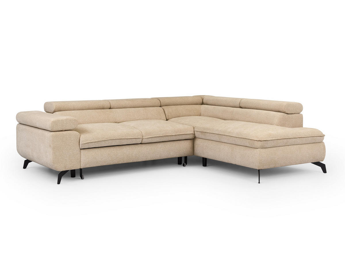 ECKSOFA mit Schlaffunktion und Bettkasten Bonnie aus Taupe Chenille-Stoff mit verstellbaren Kopfstützen und Armlehne - Ottomane rechts - Taupe/Schwarz, Holz/Textil (275/210cm) - S-Style Möbel