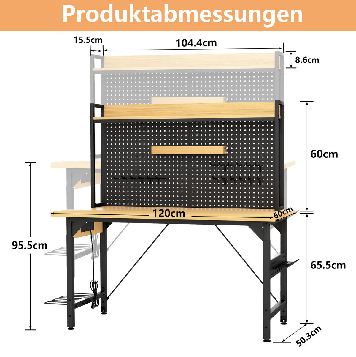 WERKBANK höhenverstellbar 120 x 60 cm Holzwerkstoff Schwarz/Natural - Schwarz, Holz (120/60/155.5cm) - Meubliv
