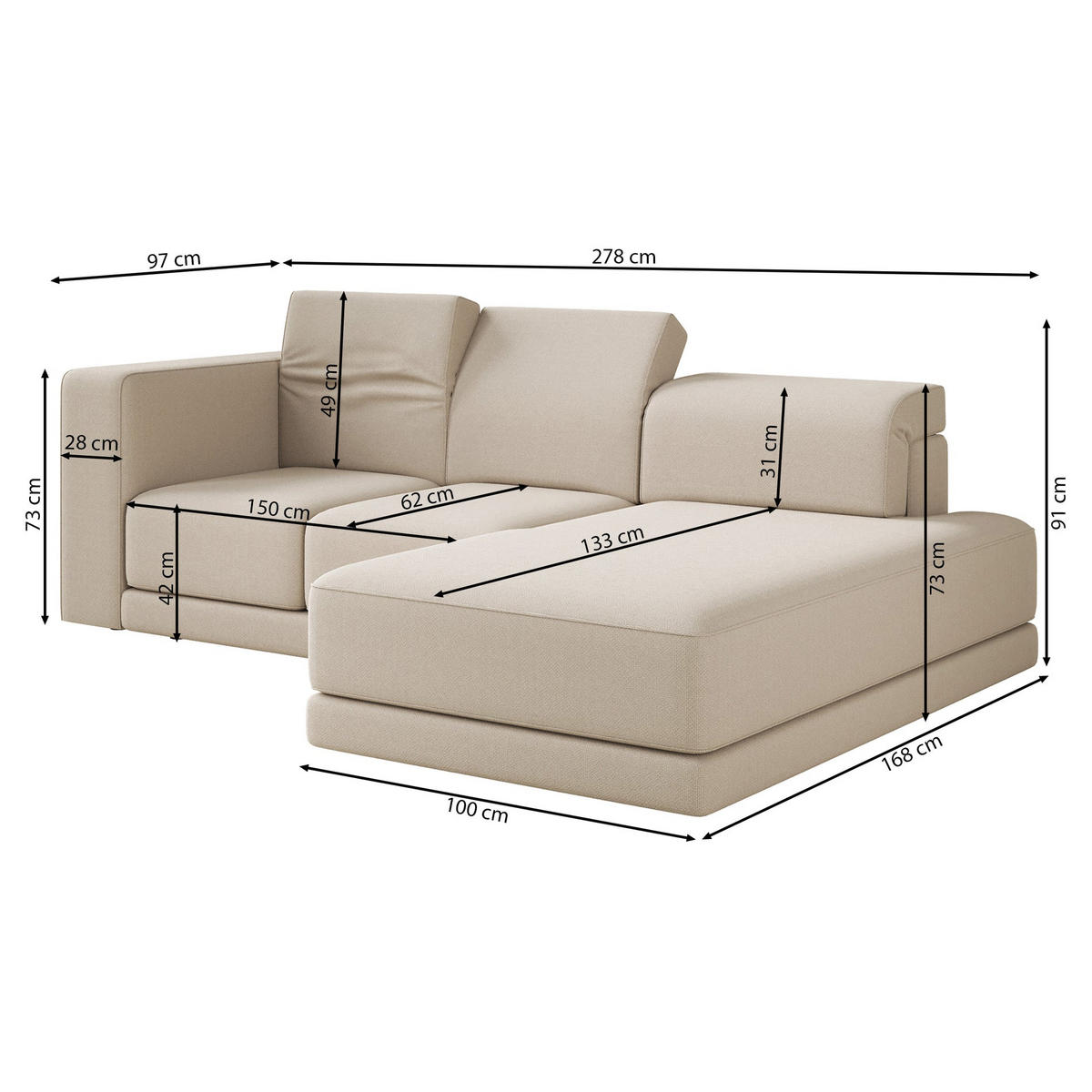 ECKSOFA Novals L-Form, 4-Sitzer, rechts 278 cm - Schwarz/Dunkelblau, Holz/Kunststoff (168/278cm) - Selsey