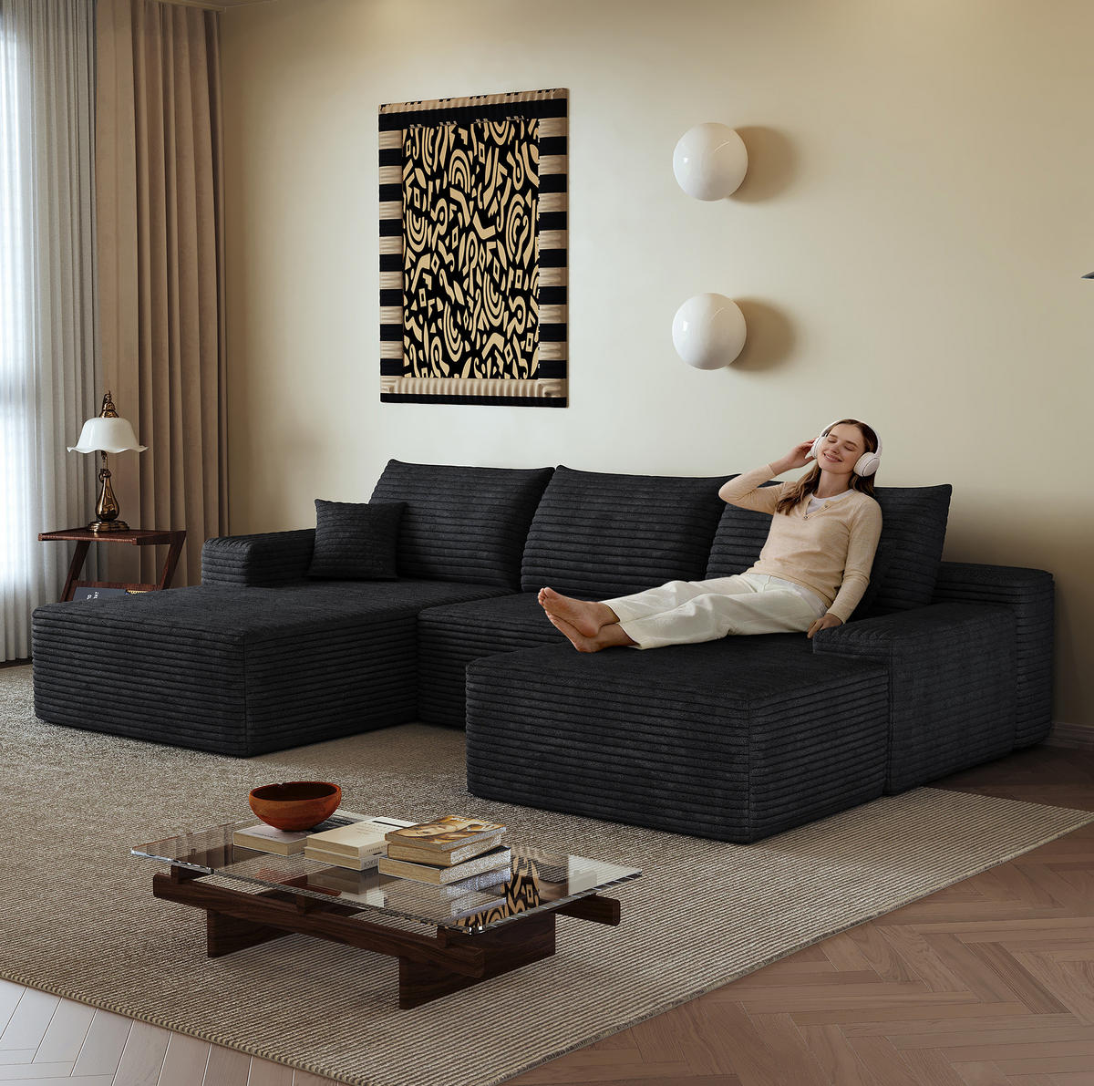 ECKSOFA modular mit Chaiselongue 270 cm Cord Schwarz - Schwarz, Kunststoff (175/83/270cm) - Meubliv