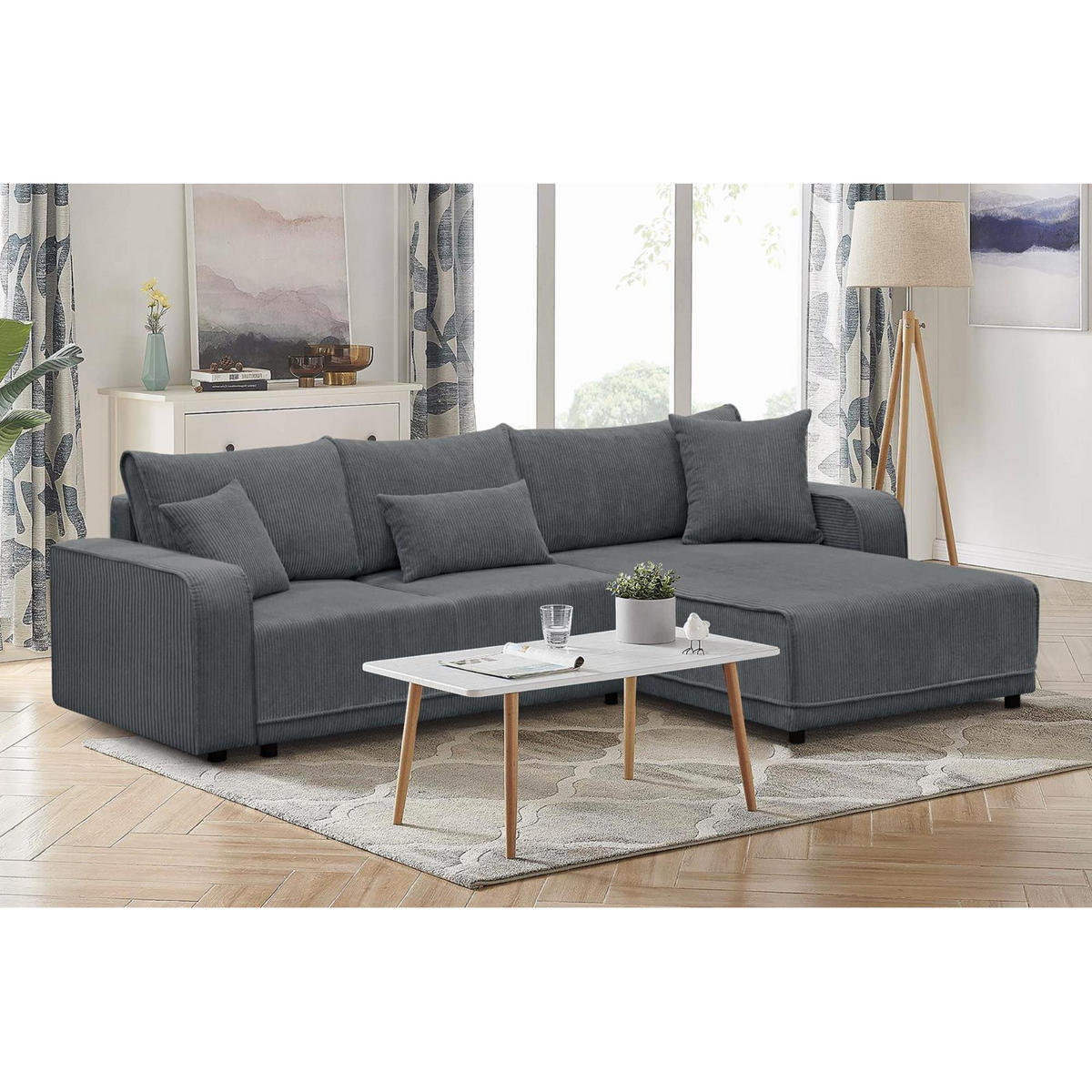 ECKSCHLAFSOFA Primo L dunkelgrau - Dunkelgrau/Schwarz, Textil (290/185cm) - Beautysofa
