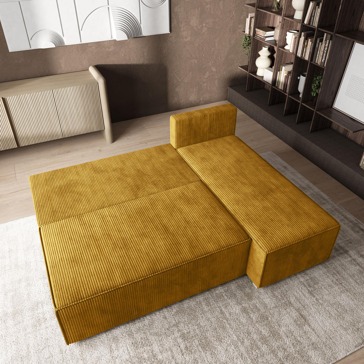 ROHOVÁ SEDAČKA BRISO žlutá - šedá/žlutá, dřevo/textil (200/140cm) - MASSENO